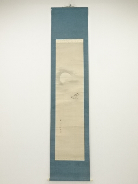 JAPANESE HANGING SCROLL / HAND PAINTED / MOON & BIRD